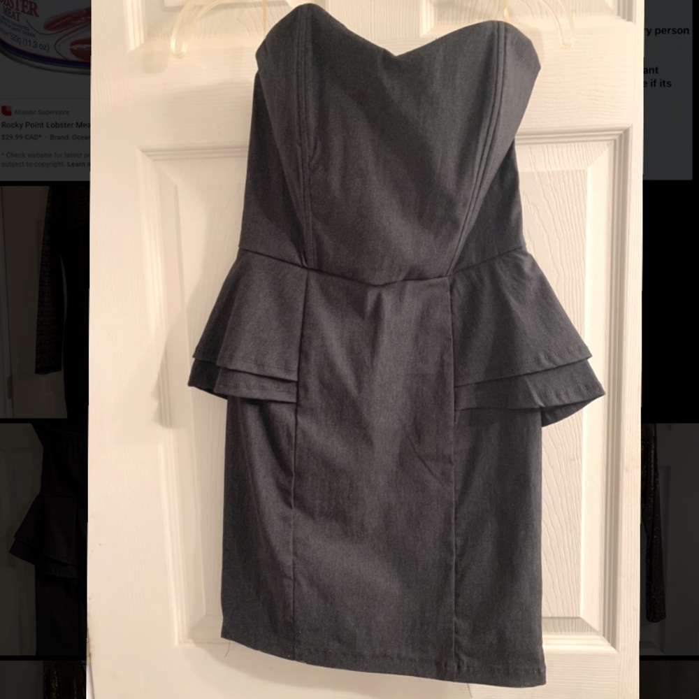 Sharp, strapless, fitted grey party dress